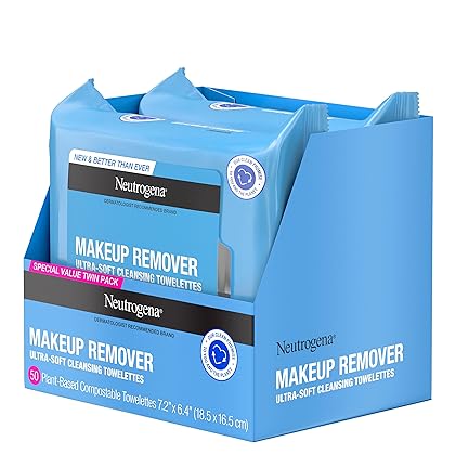 Neutrogena Makeup Remover Cleansing Face Wipes, Daily Cleansing Facial Towelettes to Remove Waterproof Makeup and Mascara, Alcohol-Free, Value Twin Pack, 25 count, 2 Pack