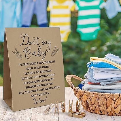 Kraft Paper Don't Say Baby Clothespin Games Sign(1 Sign + 50 Mini Clothespins), Baby Shower Games, Baby Shower Decoration, Gender Neutral Baby Shower-(3A)