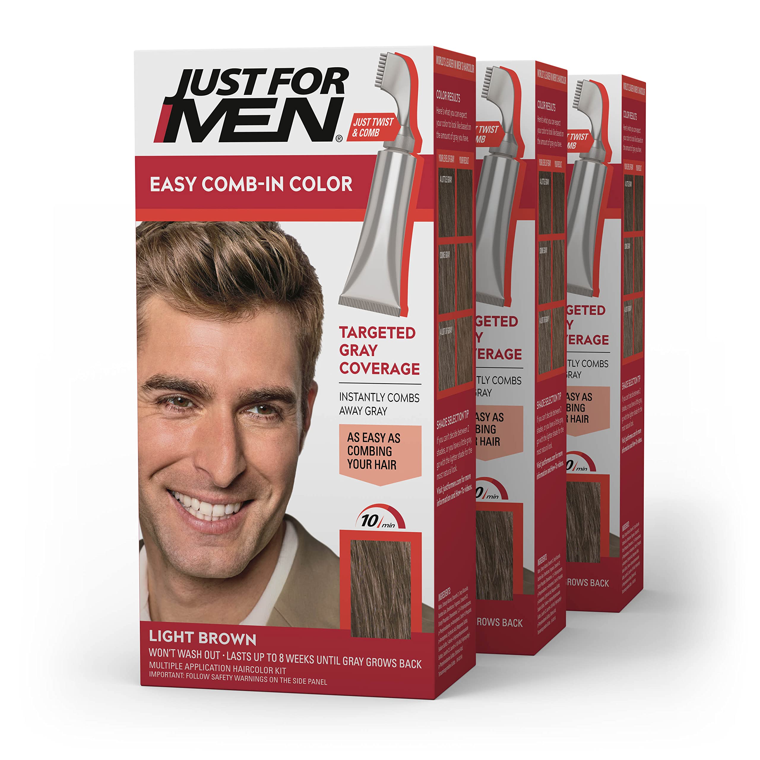 Just For Men Easy Comb-In Color Mens Hair Dye, Easy No Mix Application with Comb Applicator - Light Brown, A-25, Pack of 3
