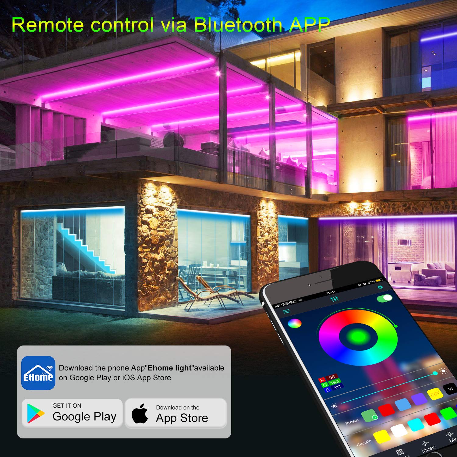 Micomlan 50ft/15M Led Strip Lights,Music Sync Color Changing RGB LED Strip Lights Built-in Mic, Bluetooth app Controlled LED Lights Rope Lights, 5050 RGB LED Light Strip(APP+Remote+Mic+3 Button)