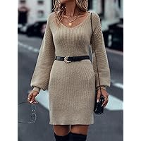 TLULY Sweater Dress for Women Lantern Sleeve Sweater Dress Without Belt Sweater Dress for Women (Color : Khaki, Size : Small)
