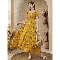 Dresses for Women - Floral Square Neck Shirred -line Dress (Color : Mustard Yellow, Size : X-Large)