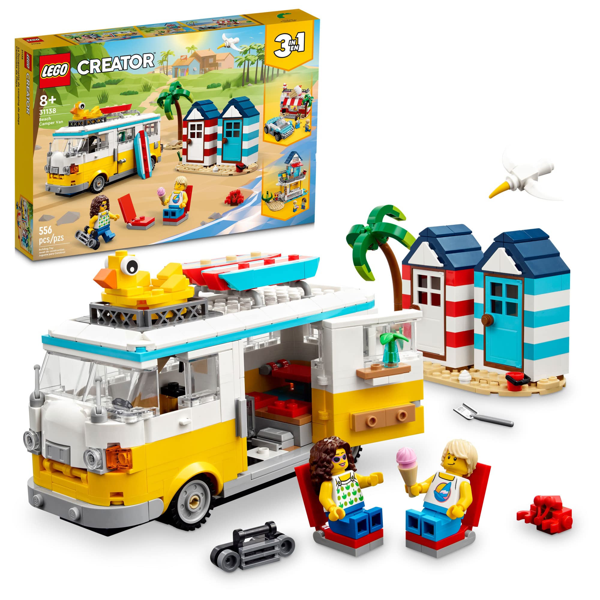 LEGO Creator 3in1 Beach Camper Van 31138 Building Kit, Kids Can Build a Campervan, Ice Cream Shop, and Beach House, Great Gift for Surfer Boys Girls, Pretend Play Beach Life