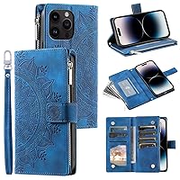 Phone Flip Case Wallet Case Compatible with iPhone 14 Pro Max 6.7inch with Card Slot Case, Zipper Leather Case,Magnetic Closure Flip Case Embossed Floral Leather Cover with Detachable Crossbody Strap