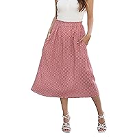 Women's Midi Skirts 2024 Casual High Waist Polka Dot Pleated Skirt Boho A-Line Flowy Skirt with Pockets