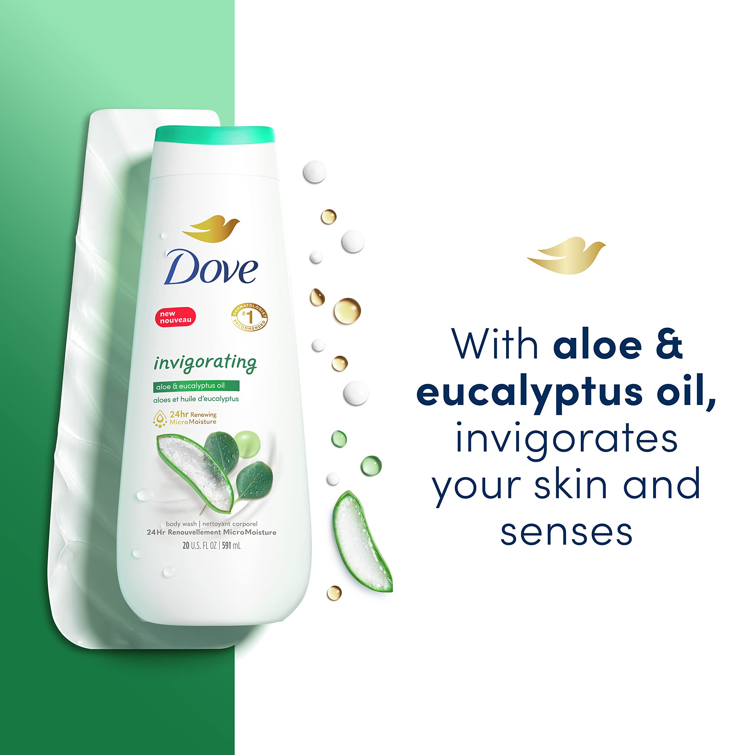 Dove Body Wash Invigorating With Aloe & Eucalyptus 4 Count For Dry Skin Refreshes and Invigorates Skin 20 oz