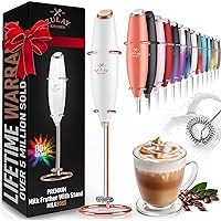 Zulay Powerful Milk Frother Handheld Foam Maker for Lattes - Whisk Drink Mixer for Coffee, Mini Foamer for Cappuccino, Frappe, Matcha, Hot Chocolate by Milk Boss (Exec White with Rose Gold Stand)