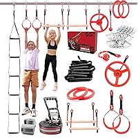 Fofana Ninja Warrior Obstacle Course for Kids – 32-Piece Backyard Playset, 9 Fun Training Obstacles, 65 Ft Slackline Kit Accessories - Outside Line Ninja Kids Toys, Outdoor Play Equipment