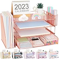 Desk Organizers and Accessories, Desk Organizer with Drawer, 4-Tier Paper Tray Organizer with 2 Pen Holders + File Holder, Office Desk Accessories for Office Supplies(Rose Gold)