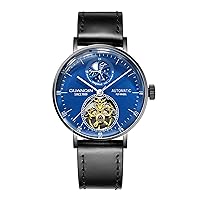 Guanqin Men's Analogue Automatic Self-Winding Mechanical Skeleton Wrist Watch with Leather Strap and Moon Phase