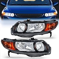 Headlight Assembly Compatible with 2006 2007 2008 2009 2010 2011 Honda Civic 2-Door Coupe Headlamps Replacement Black Housing Amber Reflector Driver and Passenger Side, 2 Years Warranty