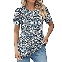 Women's Summer Tops Dressy Casual Pleated Short Sleeve Blouse Loose Crew Neck Floral Tunic to Wear with Leggings