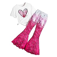OYOANGLE Girl's 2 Piece Outfits Clothes Set Graphic Print Short Sleeve T-Shirt and Flare Leg Pants Set