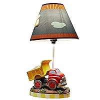 Kids Small Table Lamp, Truck Lamp, Car Lamp for Boys Room with Construction Truck Base & Helicopter Printed Shade, Transportation Themed