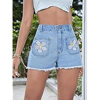Jean Shorts Womens Floral Embroidery Raw Hem Denim Shorts (Color : Light Wash, Size : Large)