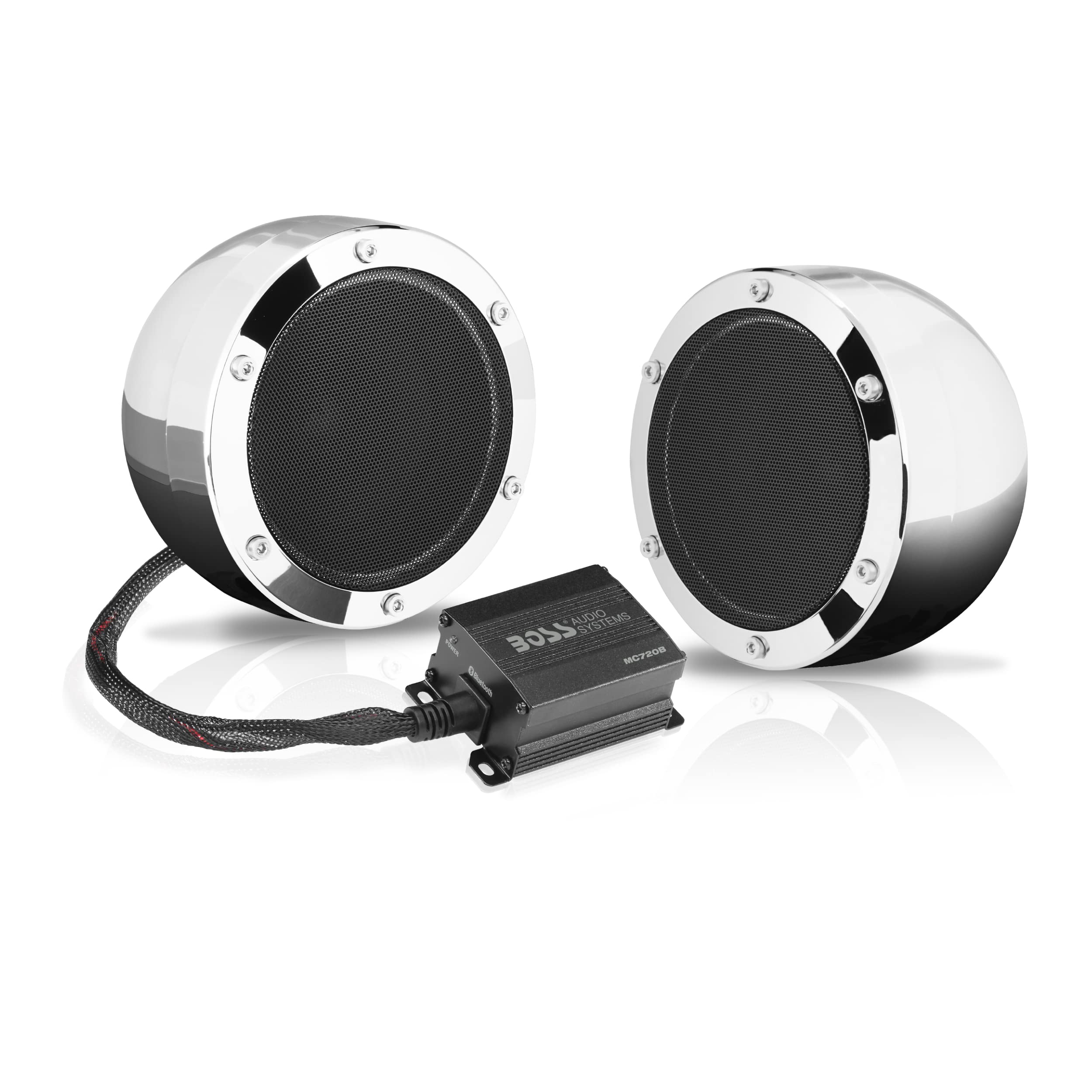 BOSS Audio Systems MC720B Motorcycle Speaker System - Bluetooth, Weatherproof Speakers / Amplifier, 4 Inch Speakers, 2 Channel Amplifier, Volume Co...