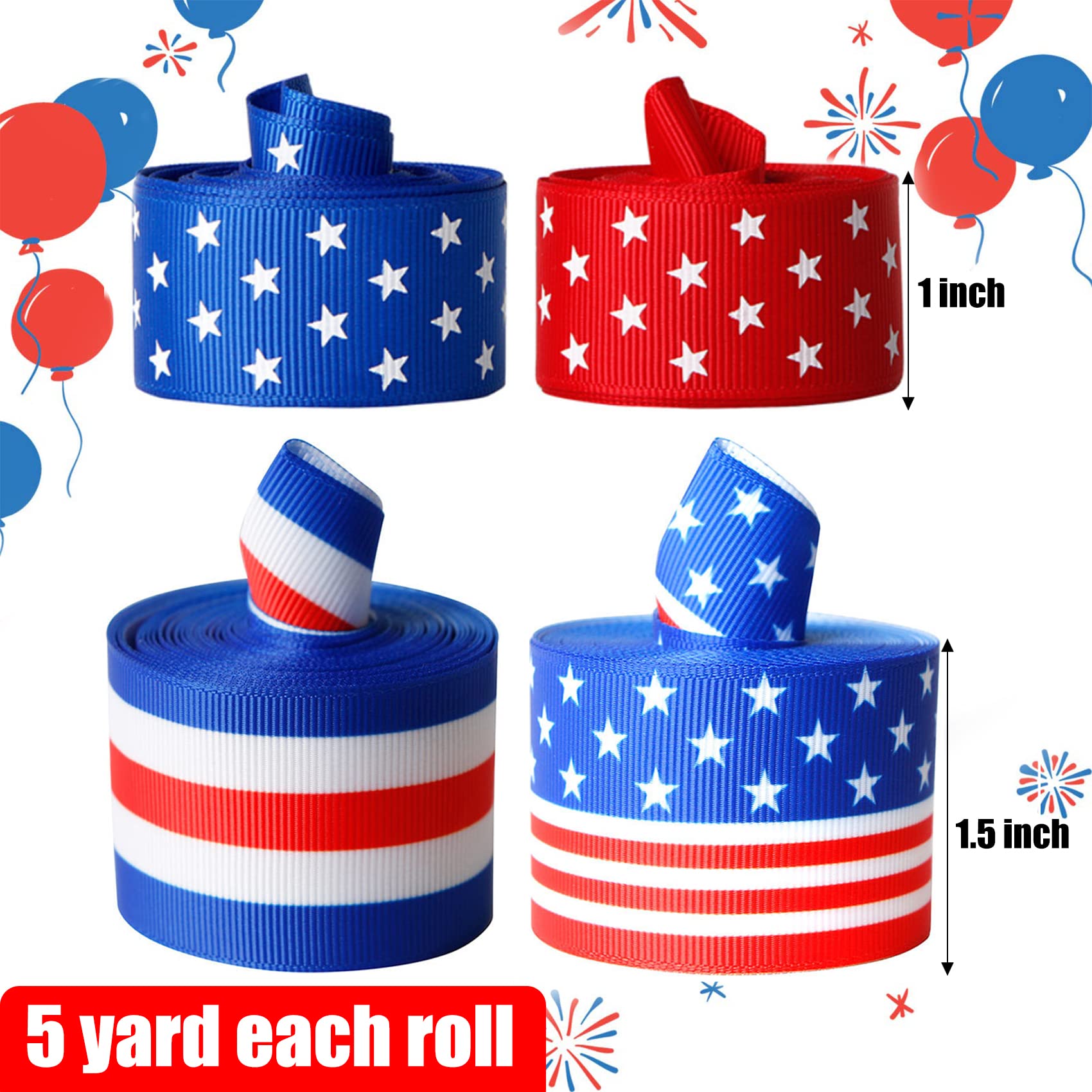 Joy Bang 4th of July Ribbon 4 Rolls, Patriotic Ribbon, Independence Day Stars Strips Ribbons, 20 Yard Fourth of July Wreaths Hair Ribbon Decorations, Memorial Veterans Day Decor Red White Blue