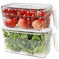 Loobuu 2 Pack Plastic Food Storage Produce Containers for Fridge, Stackable Lettuce Keeper for Refrigerator with Removable Drain Tray Keep Fresh for Vegetables/Fruit/Berry/Salad - 10'' x 5.3'' x 5.2''