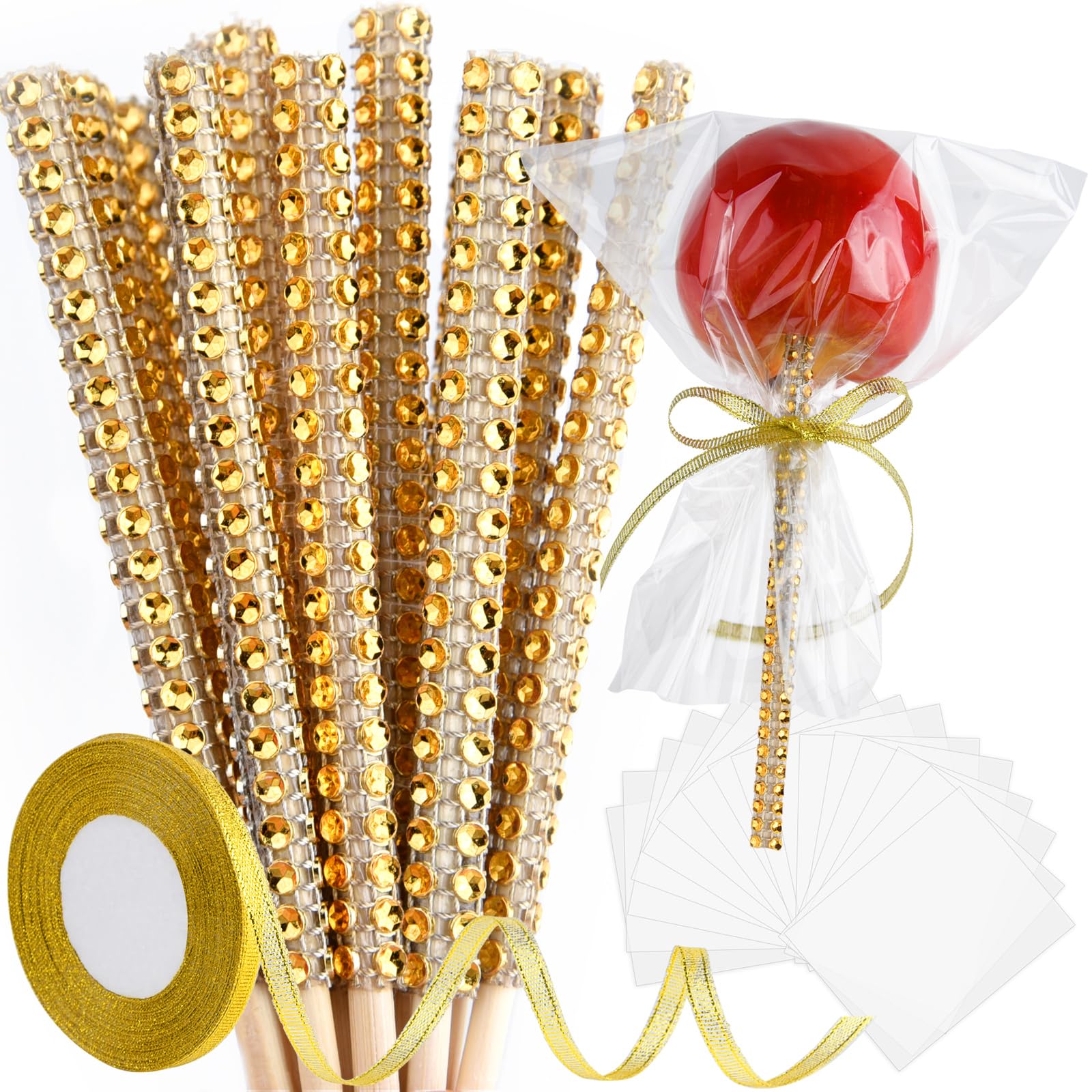 ASTARON 24 Pack Glitter Candy Apple Sticks and Bags, Toffee Apple Kit Including Caramel Apple Stick, Ribbon and Chocolate Apple Bags(Gold)