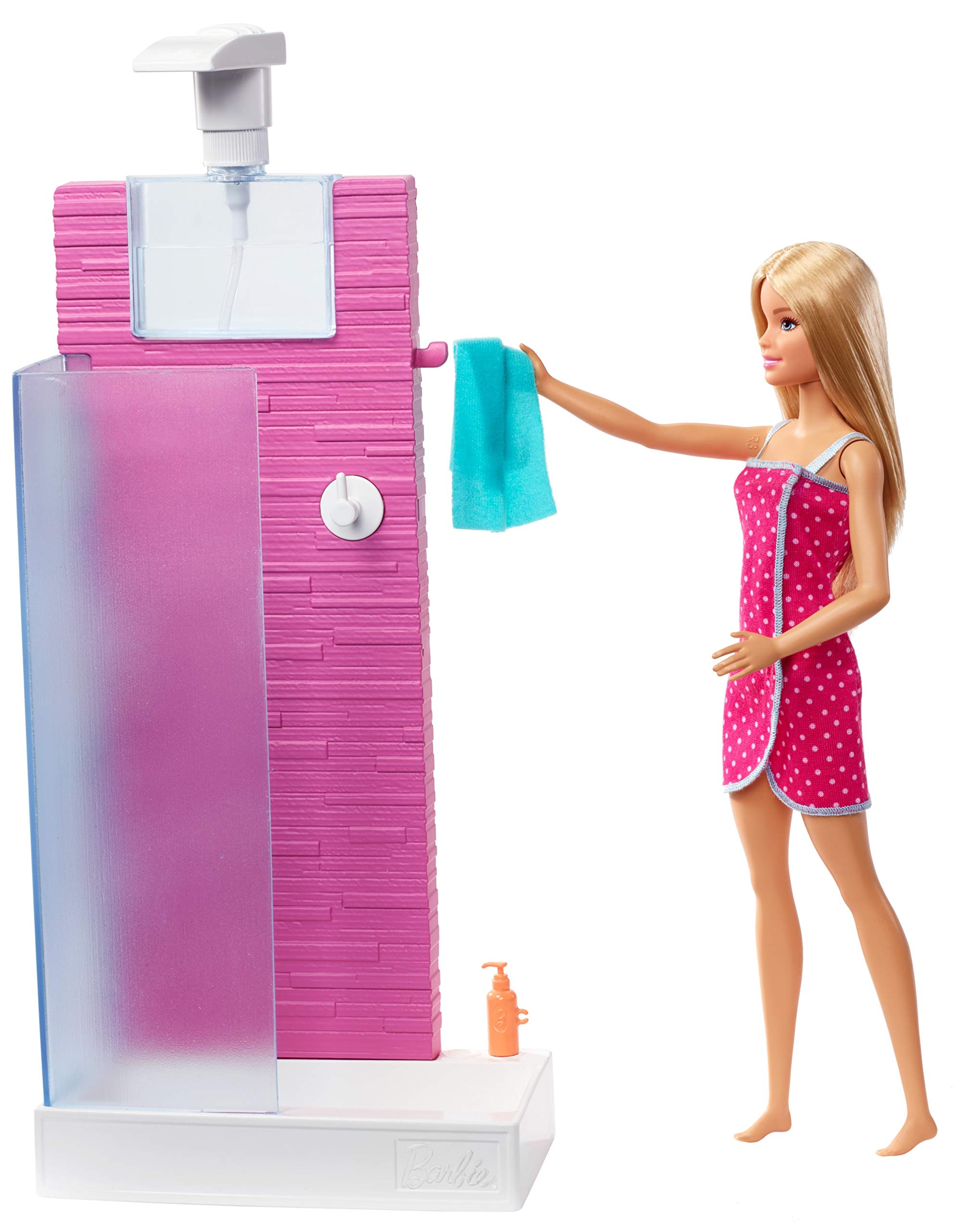 Barbie Doll and Furniture Set, Bathroom with Working Shower and Three Bath Accessories, Gift Set for 3 to 7 Year Olds​​