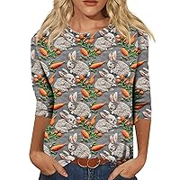 3/4 Sleeve Blouse Ladies Tunic O-Neck Tee Summer Tshirt Easter Bunny Egg Print Trendy Dressy Tops Fashion Fashion Shirt