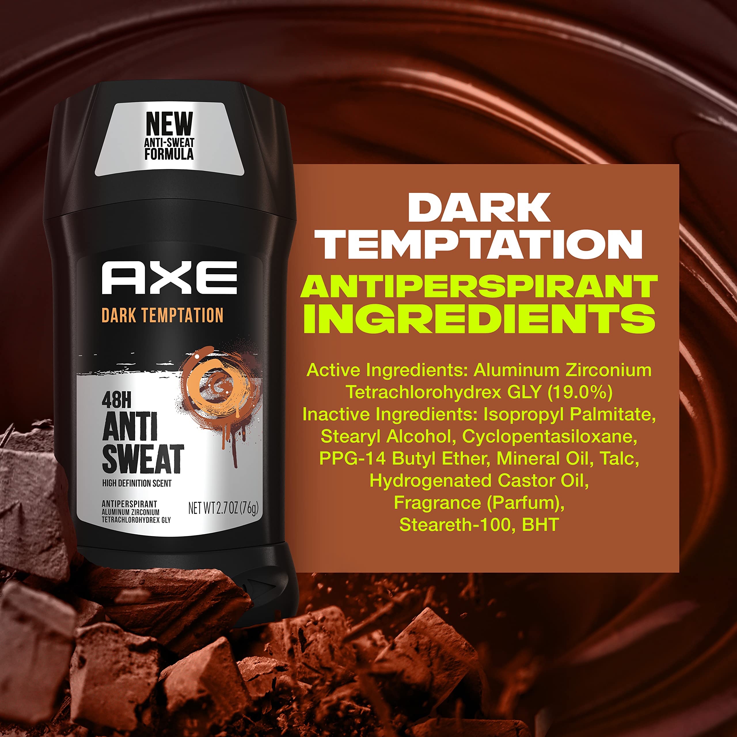 AXE Dual Action Antiperspirant Stick for Long Lasting Freshness Dark Temptation All Day Fresh Scent 48 Hour Anti Sweat Mens Deodorant , 2.7 Ounce (Pack of 4)