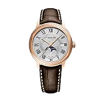 RAYMOND WEIL Maestro Men's Automatic Watch, Moon Phase, Silver Dial, Roman Numerals, Stainless Steel with Rose Gold PVD Plating, Brown Leather Strap, 39.5 mm (Model: 2239-PC5-00659)