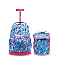 J World Lollipop Kids Rolling Backpack & Lunch Bag Set for Elementary School. Carry-On Suitcase with Wheels, Strawberry