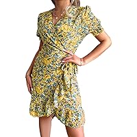 Women's V Neck Sexy Comfort Floral Cropped Summer Wrap Ruffle Short Sleeve Mini Floral Dress with Belt