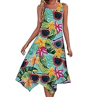 Sundresses for Women 2024 Short Beach Dress for Women 2024 Summer Fashion Flowy Ruched Casual with Sleeveless Round Neck Swing Dresses Multicolor XX-Large