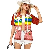 LA LEELA Hawaiian Shirts Womens Casual Summer Beach Party Short Sleeve Blouse Shirt Hawaii Blouses Dress Tee Button Up Shirts for Women L Upside Down Palm, Red