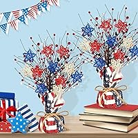 2 Pcs 4th of July Artificial Tree Tabletop Decor Patriotic Tree Red Blue White Artificial Berry Stem Picks Star Shaped Rattan Balls America Flag Cotton Base Farmhouse Tree for Independence Day