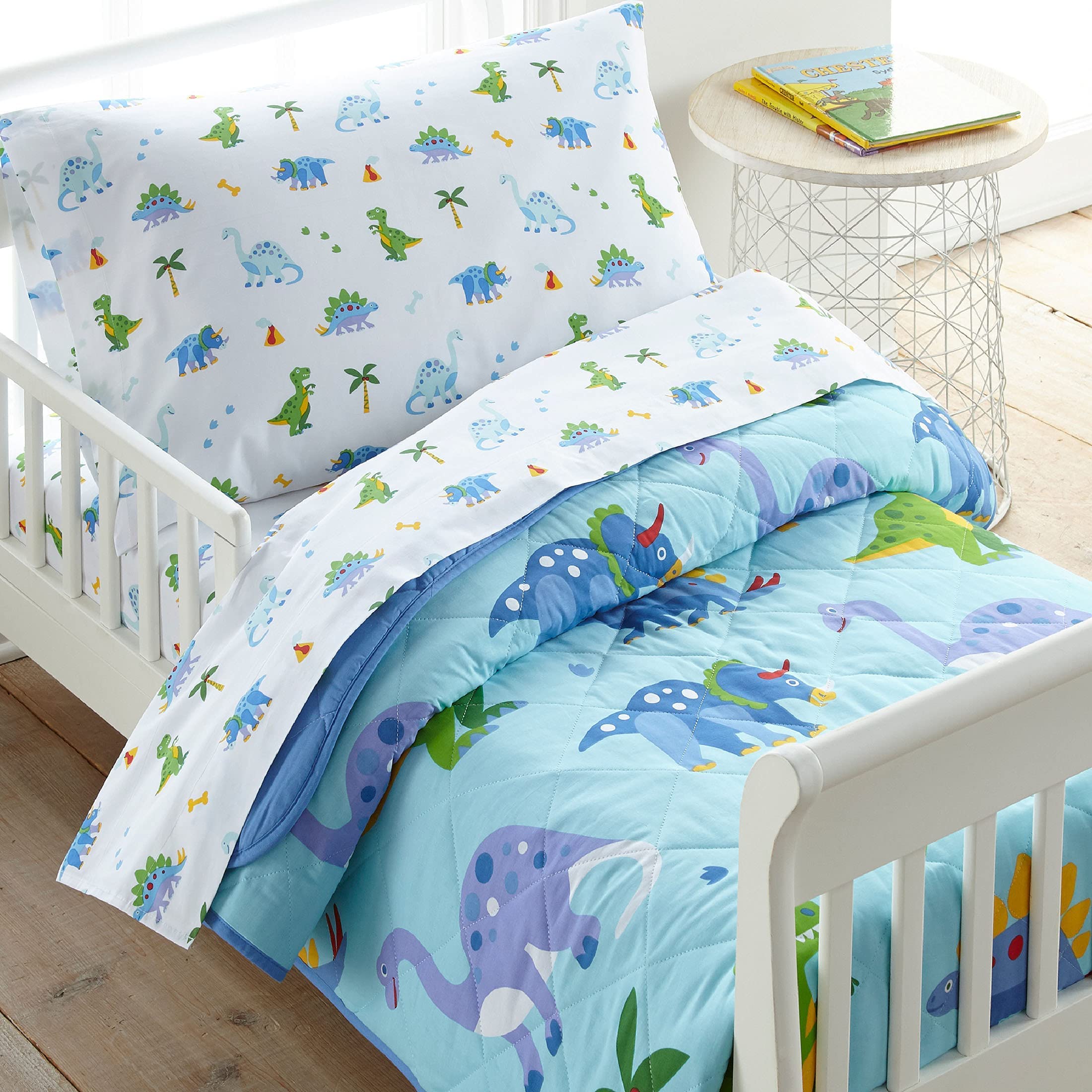 Wildkin Cotton 4 Pc Toddler Bed in a Bag Bundle with Pajama Set Size 2T (Dinosaur Land)