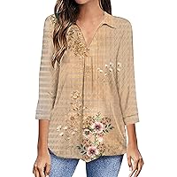 Women Bohemian 3/4 Sleeve Turn Down Collar Tunic Tops Summer Fashion Floral Dressy Casual Loose Fit Tee Blouses