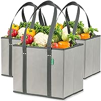 Creative Green Life Reusable Grocery Bags (3 Pack) – Heavy Duty Reusable Shopping Bags with Box Shape to Stand Up, Stay Open, Fold Flat – Large Tote Bags with Long Handles & Reinforced Bottom (Gray)