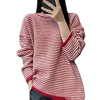 100% Merino Wool Sweater Women's Round Neck Fall/Winter Thick Long Sleeve Striped Pullover