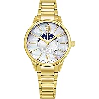 Monarch Vassilis Moon Phase Date White Mother of Pearl 35 MM Large Face Stainless Steel Yellow Gold Watch for Women - Swiss Quartz Elegant Ladies Fashion Designer Dress Watch A204B-05
