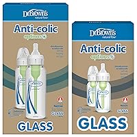 Natural Flow Anti-Colic Options+ Narrow Glass Baby Bottles, Made in The USA, BPA Free, 8oz and 4oz, 0m+, 4-Pack