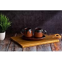 Handcrafted Terracotta tea cup set with oval trey “Cup of mornings” for kitchen and dining, premium artisan made utensils as serveware, for gifting.