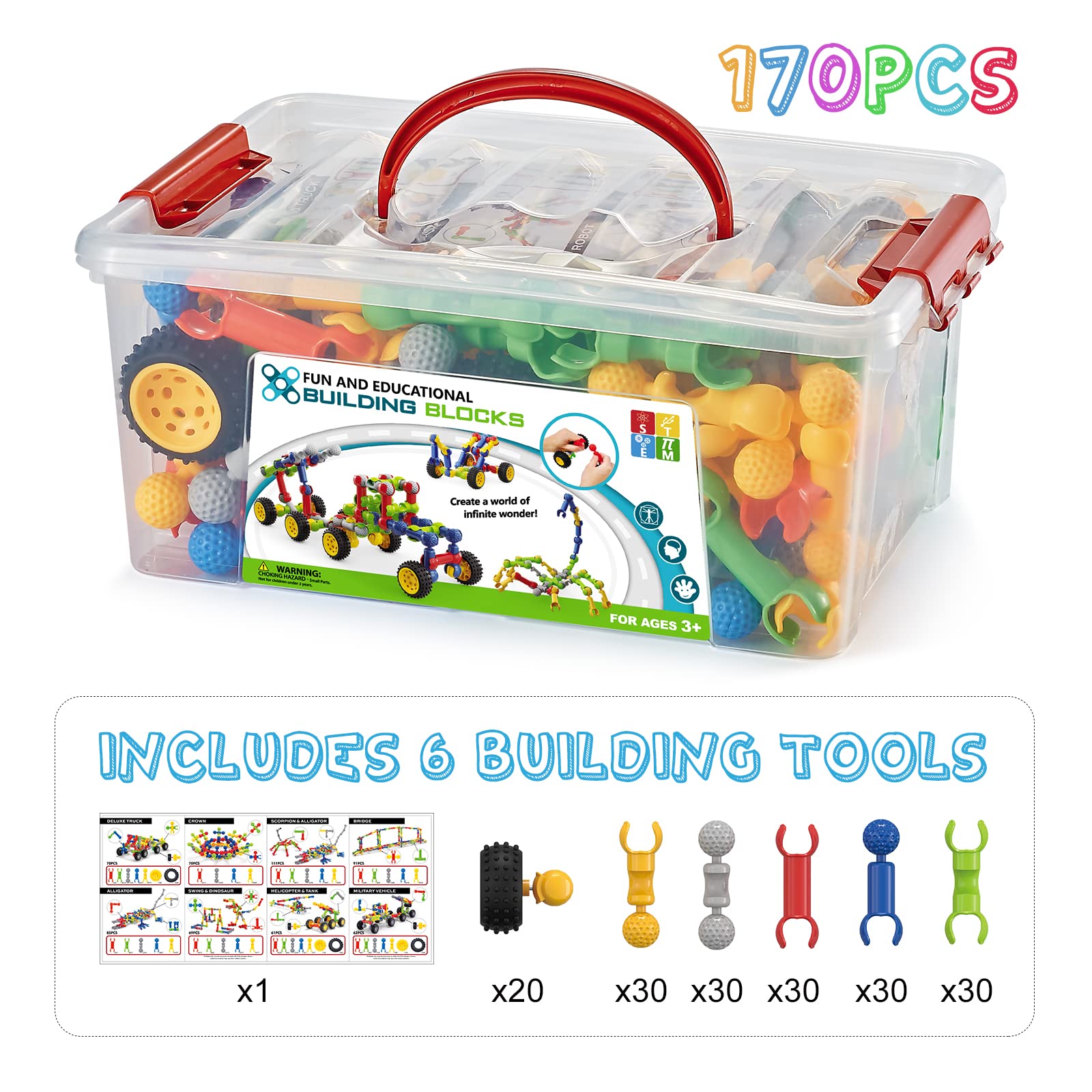 170 Pcs Building Toys for Kids Ages 4-8 with Toy Box Storage, Idea Guide, Building Blocks STEM Toys for 3 4 5 6 7 8 9 Year Old Creative Kids Activity, Christmas Birthday Gifts for Boys Girls