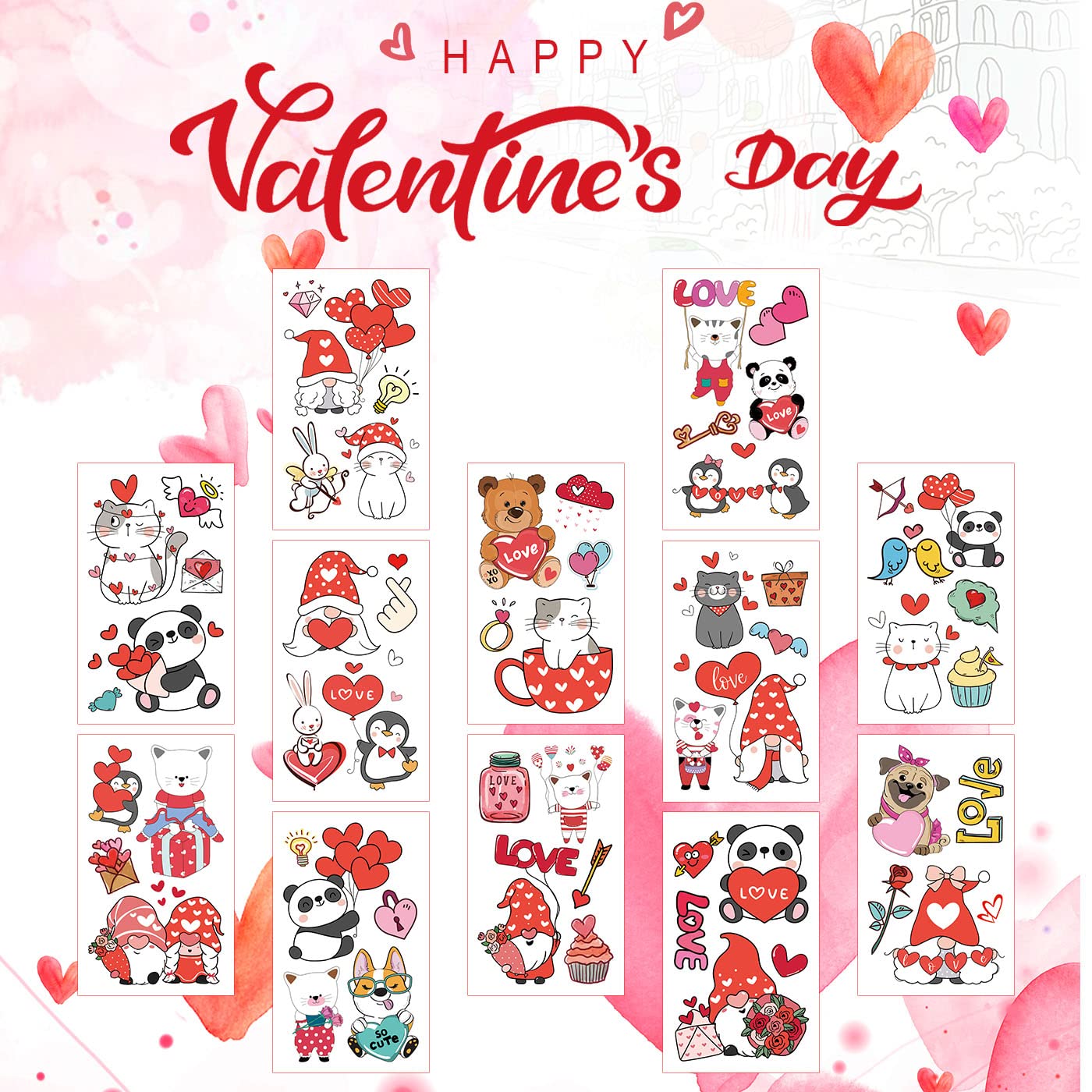 12 Sheets Valentines Day Temporary Tattoos for Kids, 56 Pcs Gnome Cat Panda Penguin Bear Love Heart Rose Cupid Cake Stickers for Valentines Decorations Party Favor