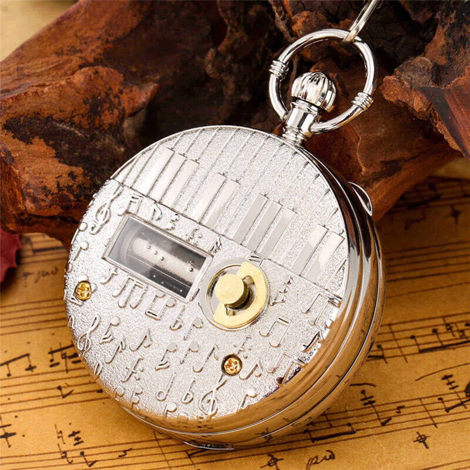 MOUDOAUER Railroad Train Shield Round Case Quartz Pocket Watch, with Music Box Function, Can Play The Music