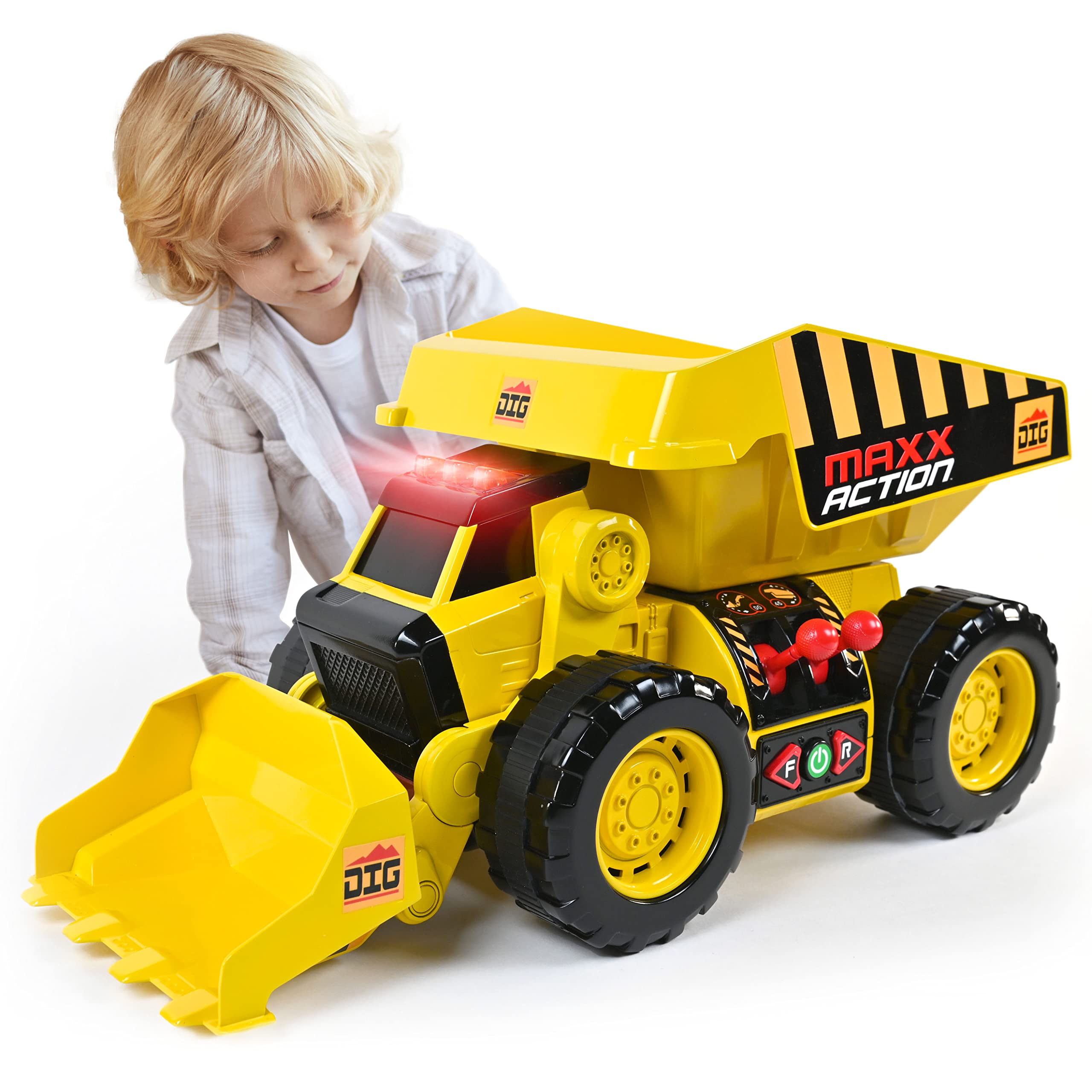 Sunny Days Entertainment 2-N-1 Dig Rig – Dump Truck and Front End Loader with Lights, Sounds and Motorized Drive, Yellow, Large