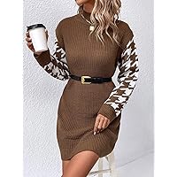 TLULY Sweater Dress for Women Houndstooth Pattern 2 in 1 Sweater Dress Without Belt Sweater Dress for Women (Color : Coffee Brown, Size : Large)