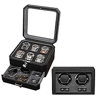 Gift Set 6 Slot Leather Watch Box with Valet Drawer & Matching Double Watch Winder - Luxury Watch Case Display Organizer, Locking Mens Jewelry Watches Holder, Men's Storage Boxes Glass Top Black/Grey