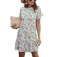 KIRUNDO Women's 2024 Summer Casual Dress Ruffle Short Sleeves Floral Print Round Neck Loose Pleated Tiered Mini Dresses