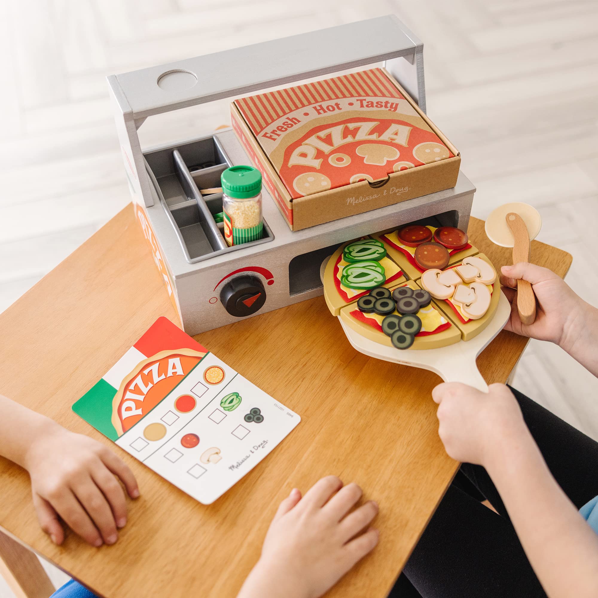 Melissa & Doug Top & Bake Wooden Pizza Counter Play Set (41 Pcs) - Pizza Toy Wooden Play Food Set, Pretend Pizza Sets For Kids Ages 3+
