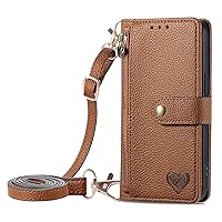 Wallet Case Compatible with Motorola Moto Edge 30, RFID Blocking Zipper Pocket Purse Love PU Leather Kickstand Wrist Phone Case with Adjustable Crossbody Lanyard (Brown)