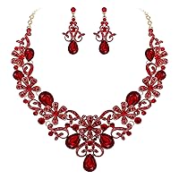 BriLove Women's Costume Elegant Crystal Flower Scroll Teardrop Statement Necklace Dangle Earrings Set