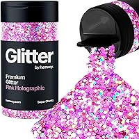 Hemway Pink Holographic Glitter Super Chunky 115g/4.1oz Powder Metallic Resin Craft Flake Shaker for Epoxy Tumblers, Hair Face Body Eye Nail Art Festival, DIY Party Decorations Paint